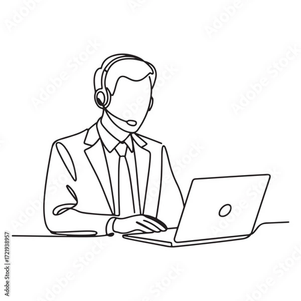 Fototapeta Minimalist Line Art of Businessman with Headset Working on Laptop – Customer Support and Remote Work Illustration