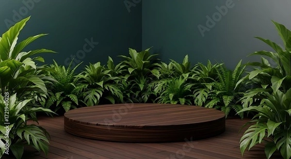 Fototapeta Wooden Display Platform Surrounded by Lush Greenery Commercial Backdrop Product Presentation
