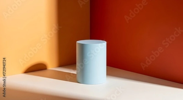 Fototapeta Minimalist Still Life Blue Cylinder Object on White Platform Against Geometric Orange and Yellow Background