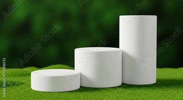 Fototapeta Clean White Cylinder Product Display Stands on Vibrant Green Background 3D Render