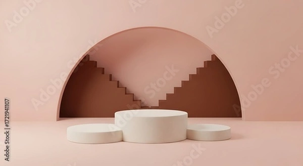 Fototapeta Minimalist Podium Stage for Product Display with Arch Staircase in Pastel Pink