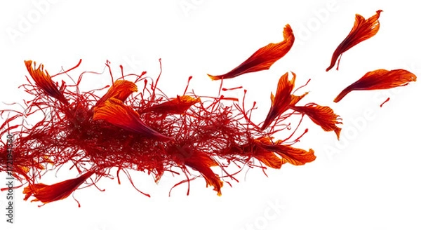 Fototapeta saffron threads and petals in flight, forming an abstract red color line on a white background
