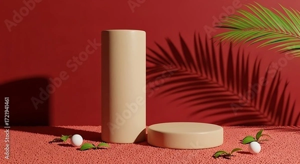 Fototapeta Minimalist Product Display Scene Beige Pedestal and Palm Leaves on Red Backdrop