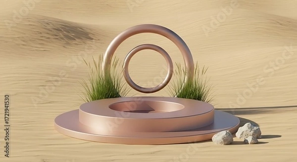 Fototapeta Minimalist Bronze Podium with Desert Sand Backdrop Product Display Mockup