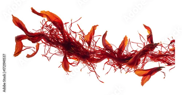 Fototapeta saffron threads and petals in flight, forming an abstract red color line on a white background