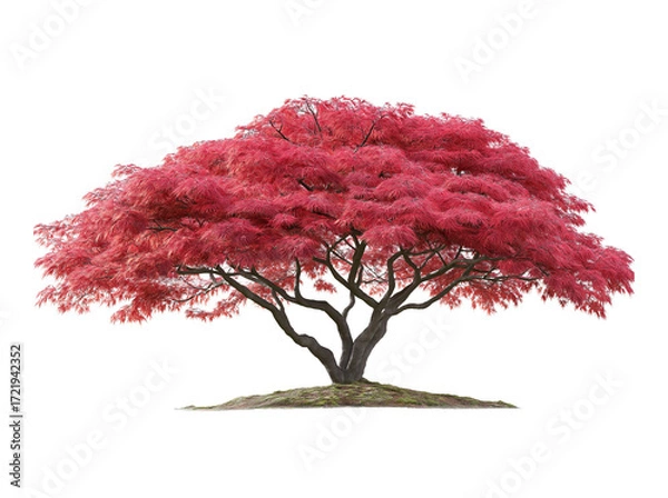 Fototapeta a red japanese maple tree with bright pink leaves, standing on grassy ground against a white background