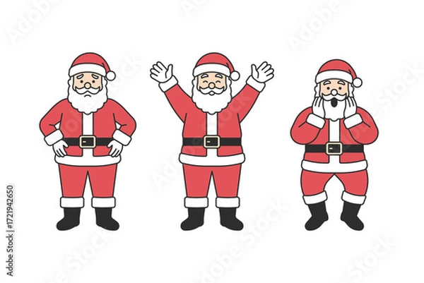 Fototapeta Santa Claus character set with sad expression, joyful arms raised pose and surprised face gesture, traditional red costume with beard, Christmas mascot for holiday season. Flat vector illustration