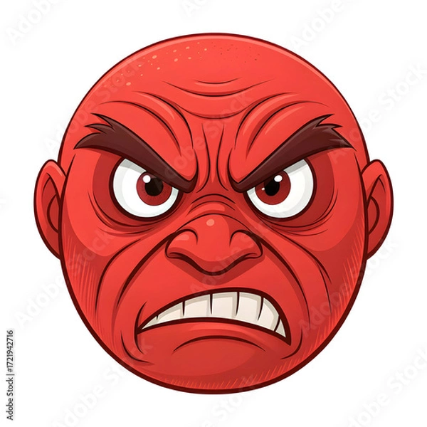 Fototapeta A vivid red angry face with intense expression, isolated on a white background, symbolizing rage,