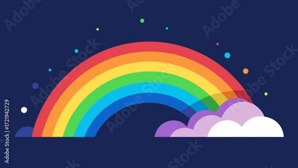Fototapeta A bright, colorful vector illustration of a rainbow in the night sky with clouds and a moon