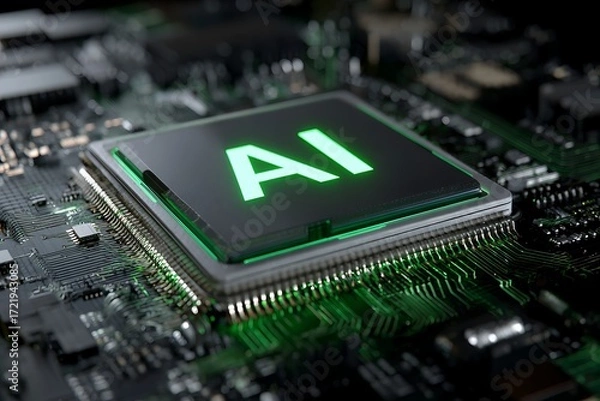 Obraz Close up of a glowing ai chip on a complex electronic circuit board with green light