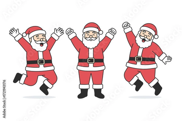Fototapeta Santa Claus character set jumping with joy, cheering with raised arms and celebrating, traditional red costume with beard, festive Christmas mascot for holiday. Flat vector illustration