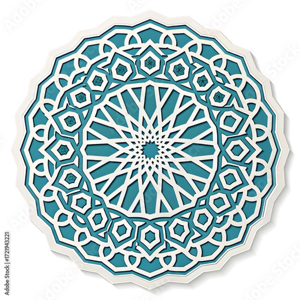 Fototapeta A circular Arabic geometric pattern designed in sticker style, featuring intricate symmetrical shapes, traditional motifs