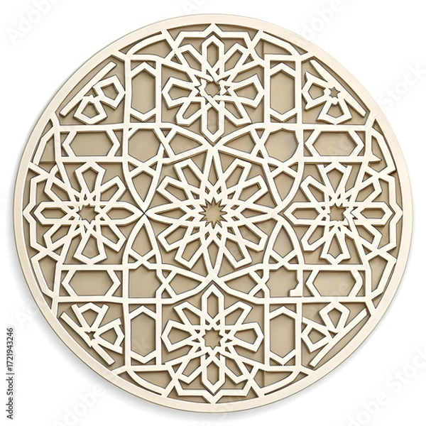 Fototapeta A circular Arabic geometric pattern designed in sticker style, featuring intricate symmetrical shapes, traditional motifs