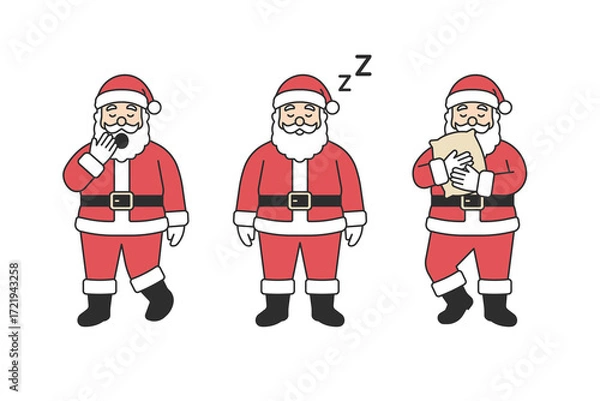 Fototapeta Santa Claus character set yawning, sleeping with Z symbol and hugging pillow, traditional red costume with beard, festive Christmas mascot for holiday season design. Flat vector illustration
