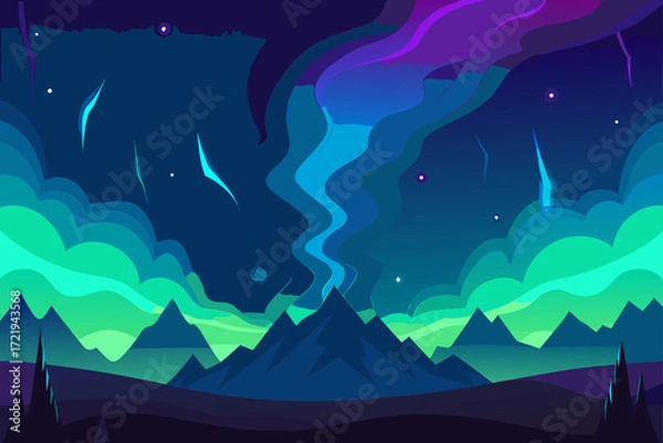 Fototapeta A serene vector illustration of a night landscape with mountains, stars, and clouds