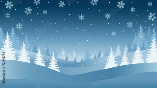 Fototapeta Blue winter vector background for christmas with snowflakes and pine trees.