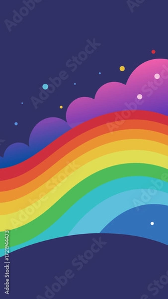 Fototapeta A vector illustration of a colorful rainbow over a night sea with cloudy sky
