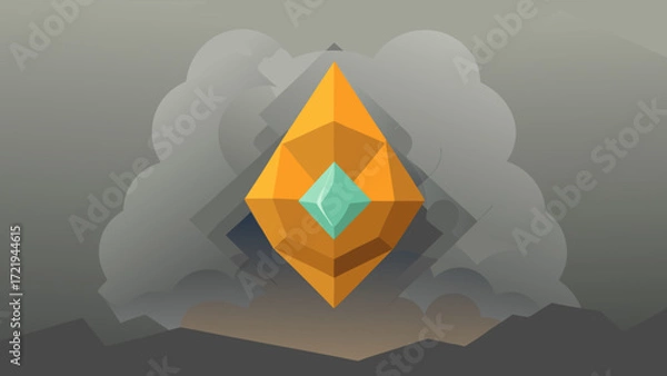 Fototapeta Abstract geometric background with shiny origami paper triangles and faceted crystal heart jewels