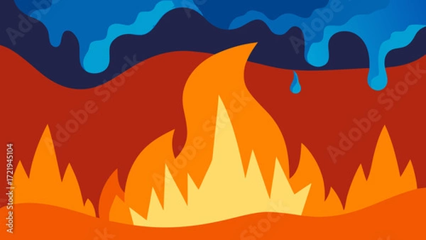 Fototapeta Vector illustration of a vibrant mountain landscape at sunset, with a fiery orange sky and a silhouette of distant hills and trees
