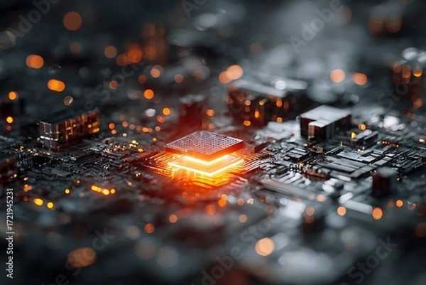 Obraz Glowing orange central processing unit on a dark intricate computer motherboard with bokeh lights