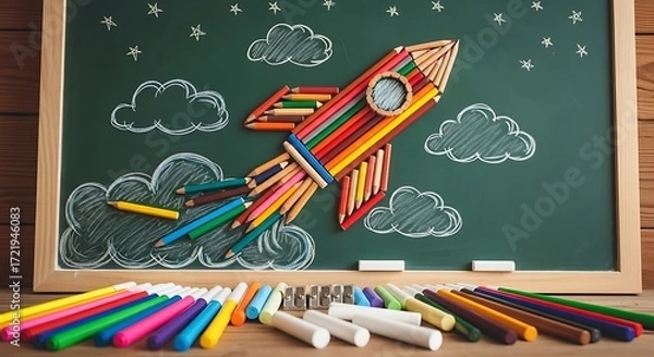 Fototapeta Back to School Colorful Pencil Rocket Launching from Blackboard with Chalk Clouds