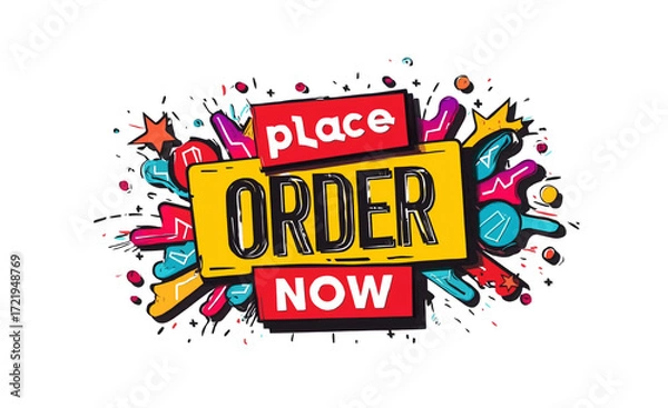 Fototapeta  vector flat design style illustration of an "order now" sign with the text "grease raw" and a white background. vector stock illustration, high-resolution vector graphics. red and yellow color palett