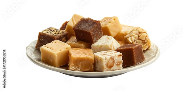 Fototapeta a plate of fudge, a rich and creamy candy that is made from cream or milk, mixed with sugar, nuts, and sweet flavors such as caramel or vanilla to create various shapes like squares, cubes, circles, a