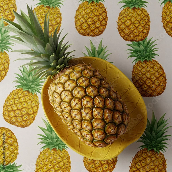 Fototapeta Pineapple on Plate with Pineapple Pattern Tablecloth