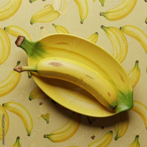 Fototapeta Banana on Plate with Banana Pattern Tablecloth