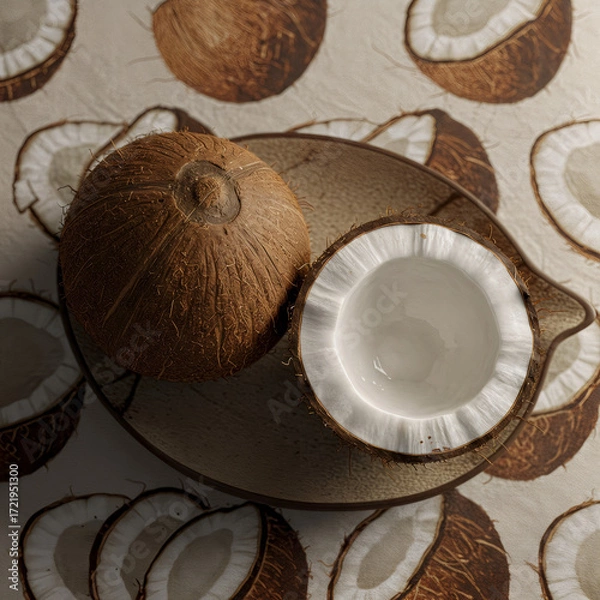 Obraz Coconut on Plate with Coconut Pattern Tablecloth