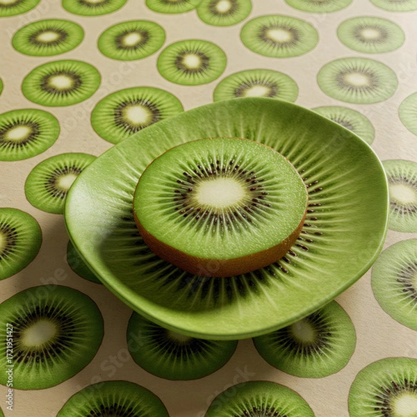 Fototapeta Kiwi Slice on Plate with Kiwi Pattern Tablecloth