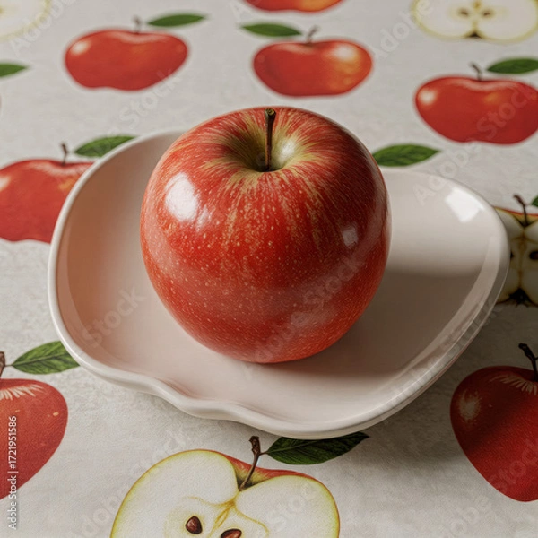 Obraz Red Apple on Plate with Apple Pattern Tablecloth