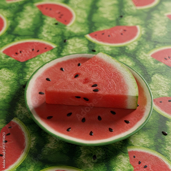 Fototapeta Watermelon on Plate with Watermelon Pattern Tablecloth