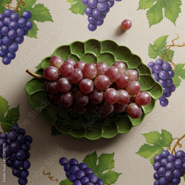 Fototapeta Grapes on Plate with Grape Pattern Tablecloth