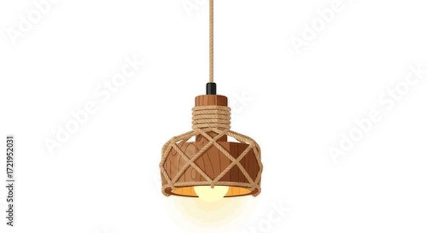 Fototapeta Rustic Pendant Light Fixture with Rope Detail on White Background
