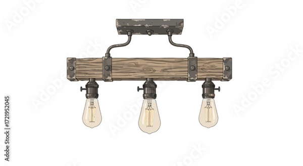 Fototapeta Rustic wooden beam ceiling light fixture with vintage style bulbs