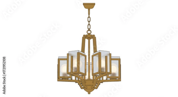 Fototapeta Sophisticated golden chandelier with geometric design and soft illumination