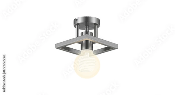 Fototapeta Stylish Square Chrome Ceiling Light Fixture with Spiral Bulb Design