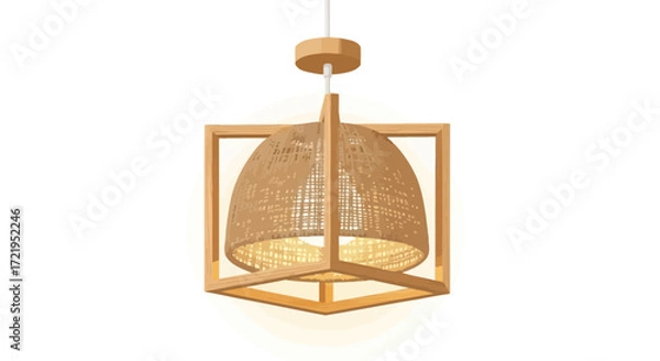 Fototapeta Stylish wicker pendant light fixture with wood frame, vector illustration