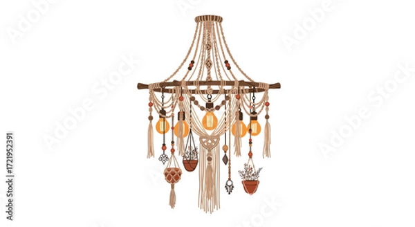 Fototapeta Unique bohemian macrame chandelier design featuring lightbulbs and plants