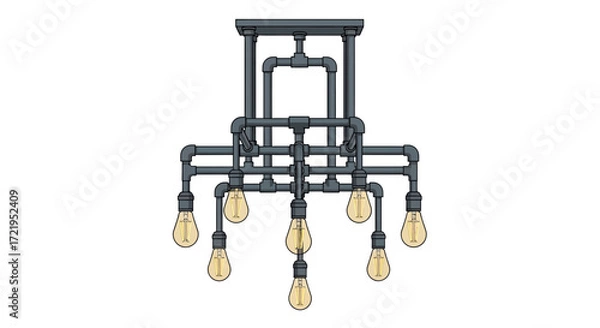 Fototapeta Unique steampunk style ceiling lamp with visible pipes and light bulbs