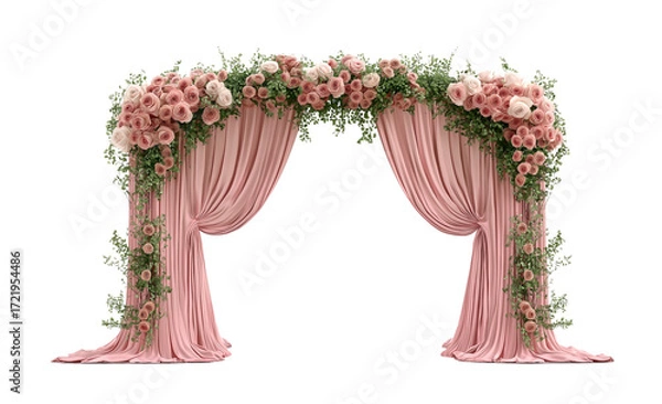 Fototapeta A beautifully decorated wedding gate adorned with fresh flowers and elegant drapery. The floral arch features colorful blooms arranged artistically, creating a romantic and festive entrance for the we