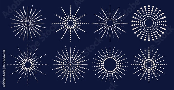 Fototapeta Abstract exploding festive fireworks isolated on black background. Geometric snowflakes made of dots, circles for holiday banner, flyer, greeting card. Decorative element for New Year. Vector EPS10