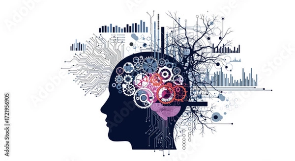Fototapeta Conceptualization of artificial intelligence and data visualization within a human head silhouette.
