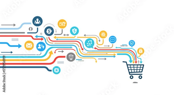 Fototapeta Illustrative graphic depicting the complex pathways of data and user interactions flowing into a shopping cart.