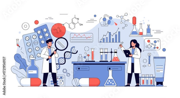 Fototapeta Scientists conduct research in a modern laboratory setting with various scientific equipment and materials.