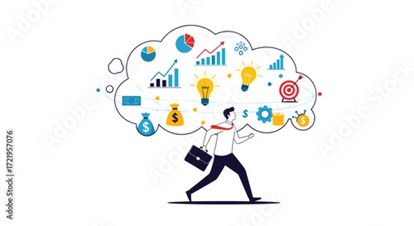 Fototapeta Businessman running with a briefcase and a cloud of business ideas and financial growth symbols above his head.