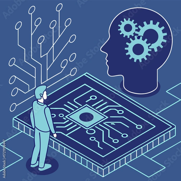 Fototapeta A determined businessman navigates a complex digital maze, symbolizing the challenges and opportunities of modern technology and global communication
