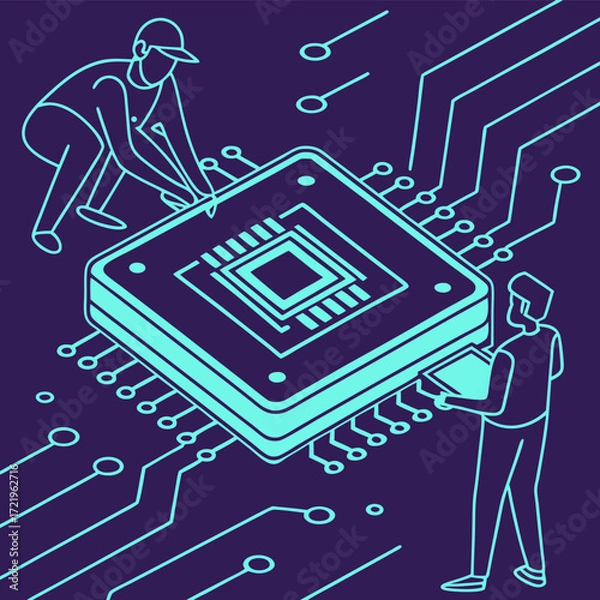 Fototapeta Electronic circuit board with processor and digital technology design