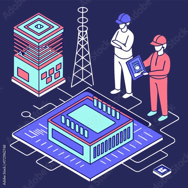 Fototapeta Construction site vector illustration with buildings and urban design elements